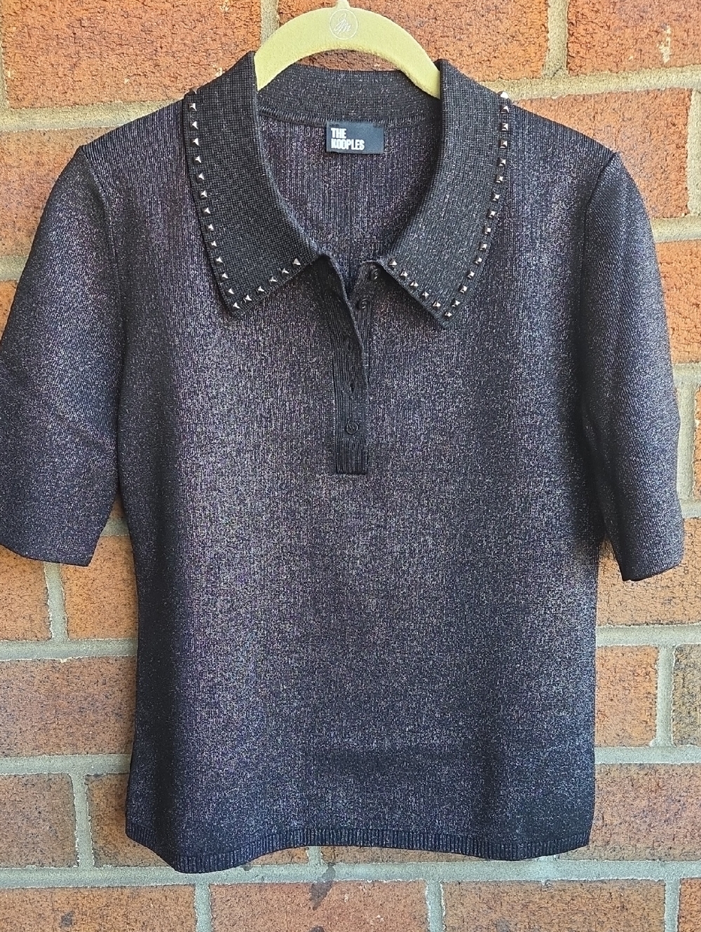 The Kooples Shimmer Knit Studded Polo Top - Picture 4 of 9